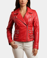 Women Cross Zip Biker Leather Jacket Cara Ignite Red